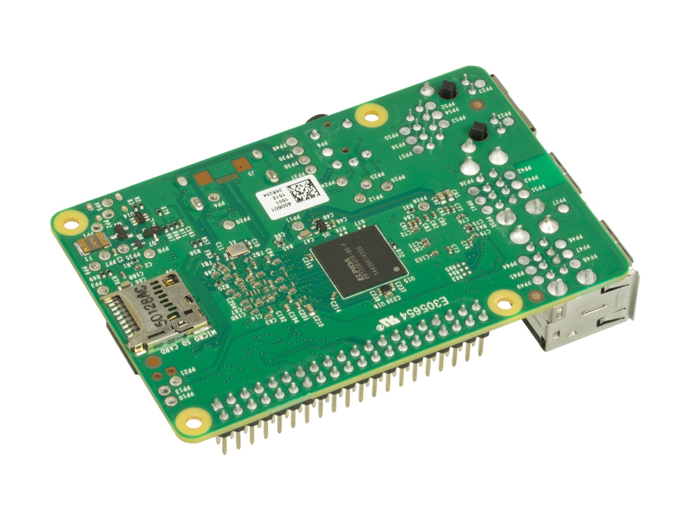 Underside of a Raspberry Pi 2 board showing its soldered memory package and microSD slot
