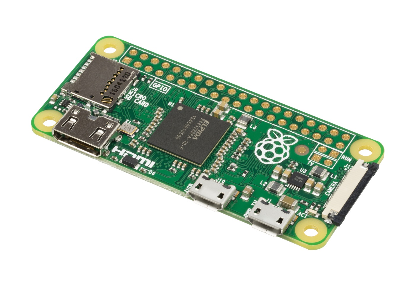 Raspberry Pi Zero circuit board showing component placement, mounting holes, and connectors