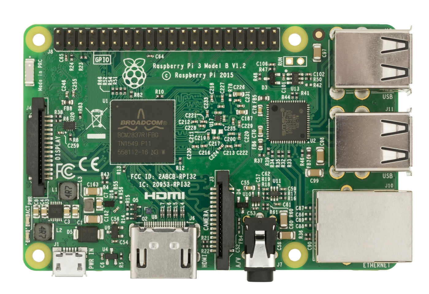 Top view of a Raspberry Pi 3 Model B showing processor, interface chips, and connectors