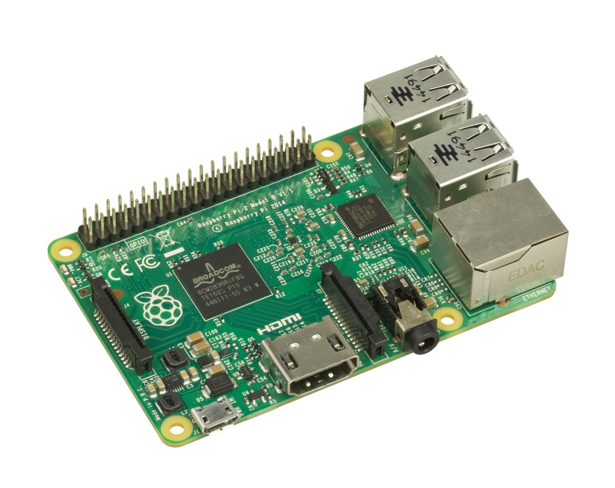 Angled top view of a Raspberry Pi 2 board showing Ethernet and USB connectors