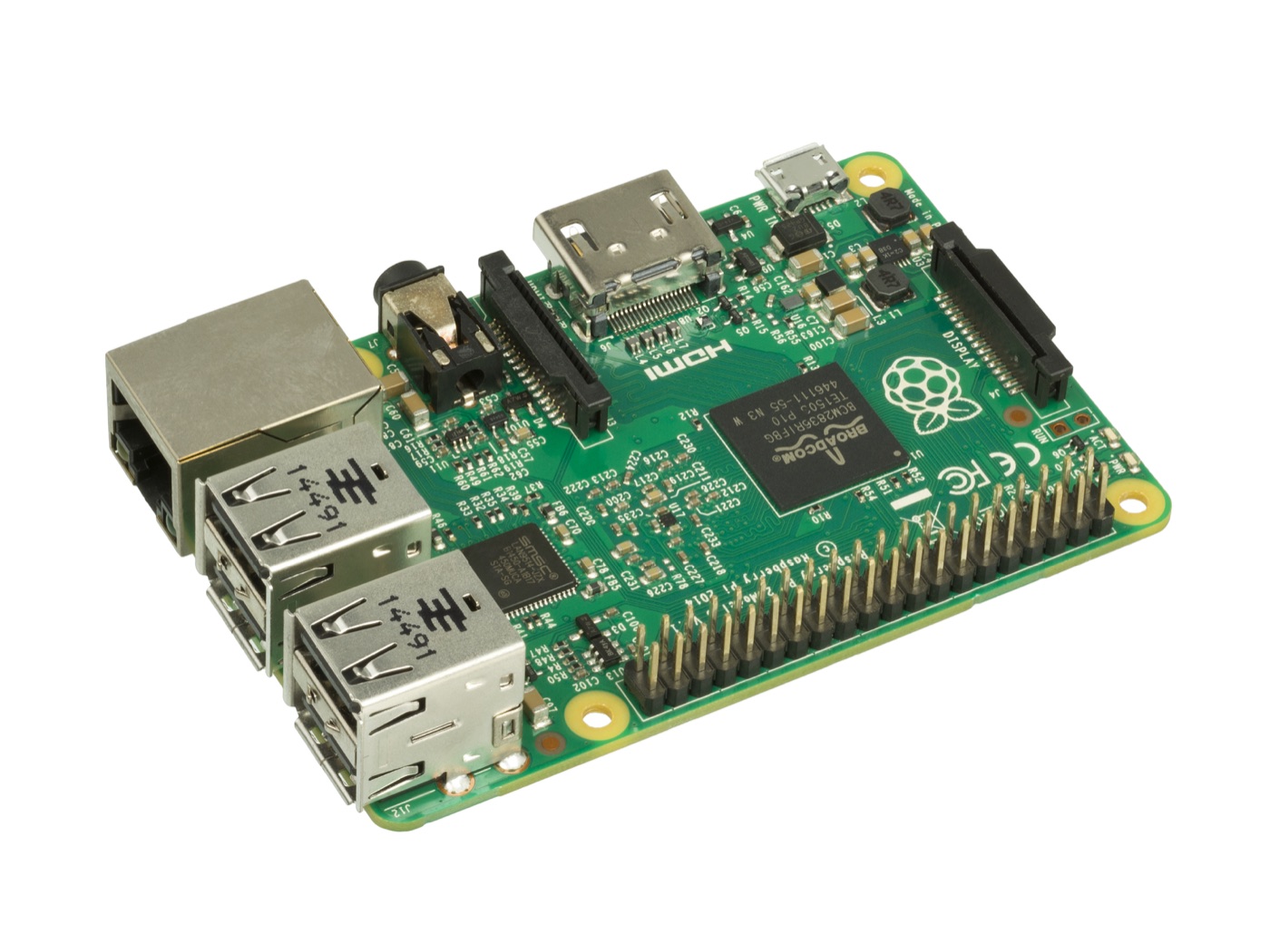 Angled view of a Raspberry Pi 2 board showing its processor and peripheral connectors